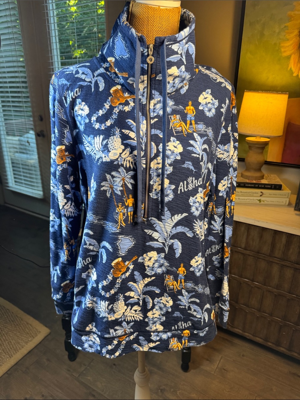 Tommy Bahama Navy Pullover with Light Blue and Yellow Tropical Accents